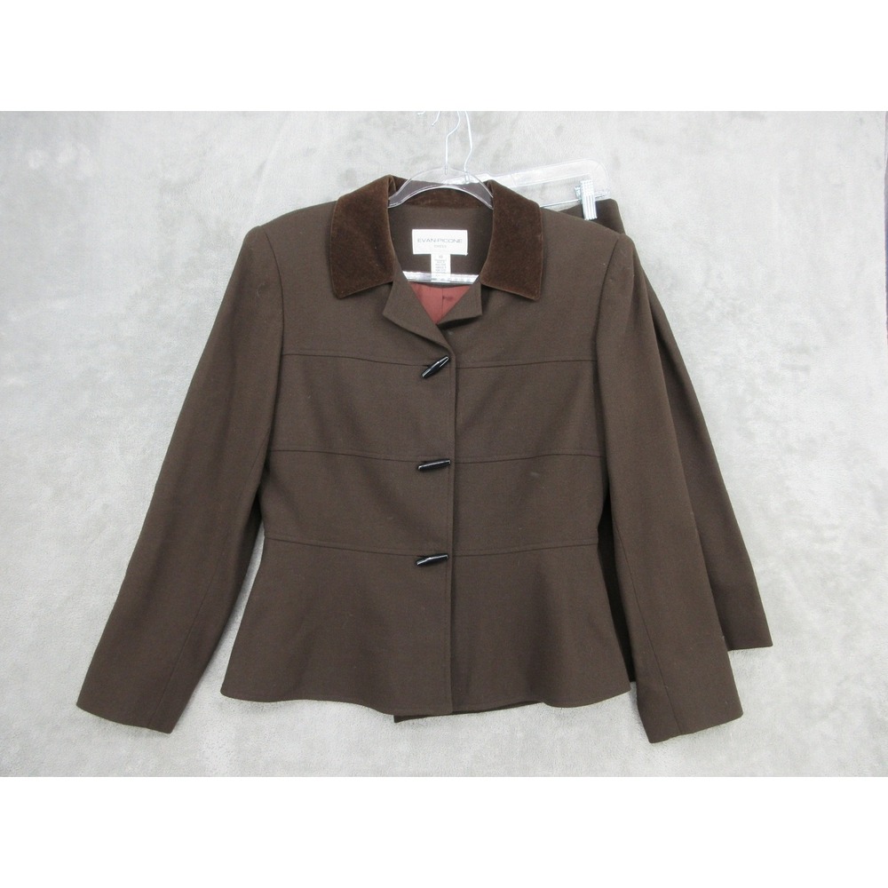 Evan Picone Skirt Suit Women 6‎ Wool Velvet Trim Toggle Blazer Pencil Brown Zip